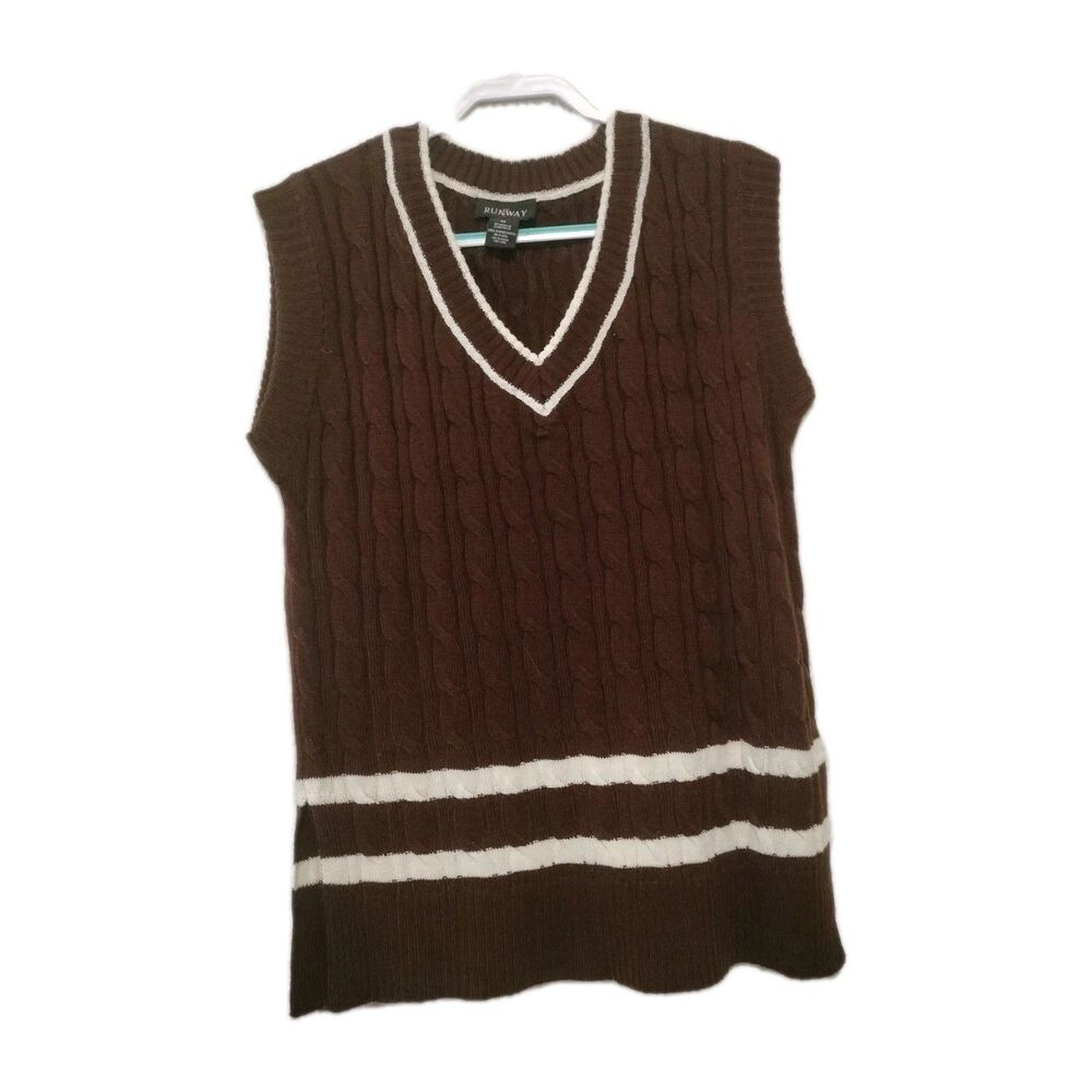 Runway Cable Knit Vest Preppy Knitted Sweater Long Brown Off White Trim  Sz XL